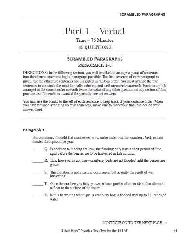SHSAT Practice Test - Test One (7th & 8th Grade)