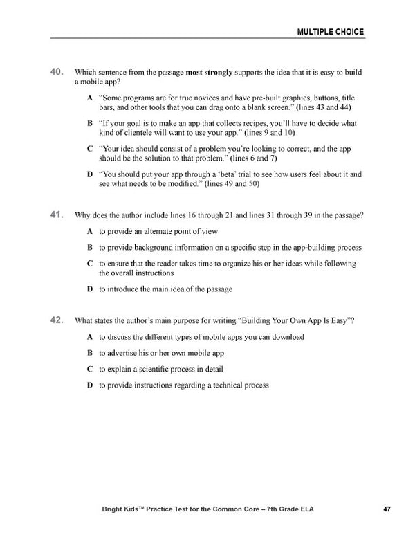 Bright Kids Practice Test for the Common Core -- Seventh Grade -- English Language Arts -- Second Edition