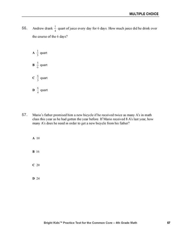 Bright Kids Practice Test for the Common Core -- Fourth Grade -- Mathematics -- Second Edition